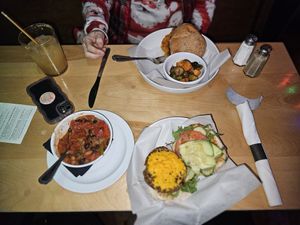 Original veg burger and vegan chili! at Labyrinth Press Company in Jamestown