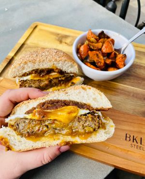African peanut veggie burger  at Labyrinth Press Company in Jamestown