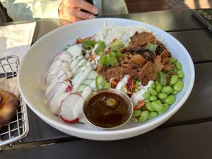 Poke Bowl- yum! Sauce is spicy!  at Labyrinth Press Company in Jamestown