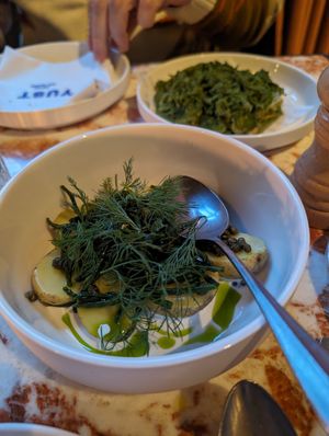 Potatoes, dill, vegan sour 'milk' dressing at Eppo in Antwerpen