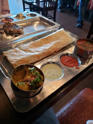 Onion masala dosa (foreground), vegetable uthappam (background) at Masala Spice in Goleta