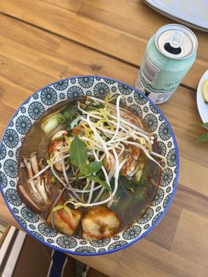 Tom yum pho and vegan mint and cucumber seltzer   at Pholklore in Torquay
