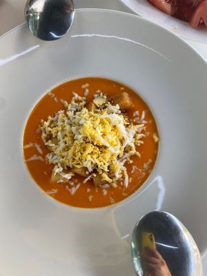 Vegetarian Salmorejo (available as vegan without the egg) at Bar Canijo in Algodonales