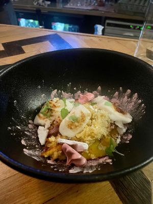 marsh mellow and meringue w/ beetroot sherbet, coconut and mango cake. Ballards best dessert I've tried at Ballard's in Thornbury