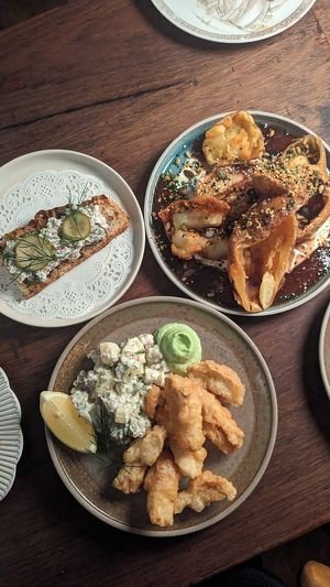 Tuna toast $12.00, Roast Potato Skins $14.00, Beer Battered Artichoke Mushrooms $18.00 (all delicious) at Ballard's in Thornbury