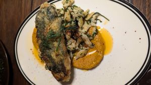 3. Crispy skinned lions mane w/herb spaetzle, smoked carrot cream: spaetzle and carrot cream were the stars of this dish at Ballard's in Thornbury