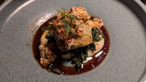 3. Potato roulade w/parsnip cream, burnt onion just: loved this at Ballard's in Thornbury