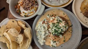 Kiwi chips and dip $12.00, Corned turnip croquette $14.00: both delicious! at Ballard's in Thornbury