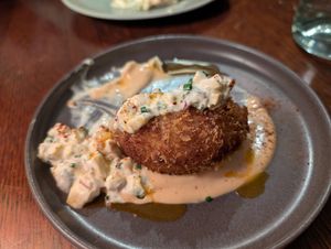 Turnip croquette with tofu "egg" salad and baked bean mayonnaise at Ballard's in Thornbury
