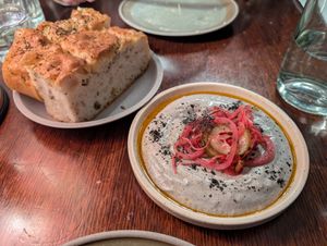 Burnt Eggplant dip with smoked tomato oil and Housemade Focaccia at Ballard's in Thornbury