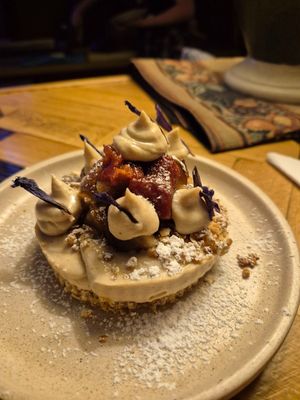 Pear+quince crumble w/cashew cream cheese, nuggets+almond base $16: nice granola type crumbles  at Ballard's in Thornbury