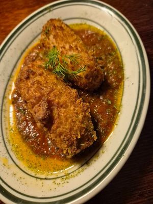 Fried cheese sticks w/tomato+blackened green capsicum jam $12: v.good, esp the sauce (like a kasundi) at Ballard's in Thornbury