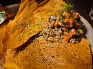 Rehydrated carrot tartare w/fermented chilli, caper+carrot cracker $18: v.good, similar to the egg salad but quite salty at Ballard's in Thornbury