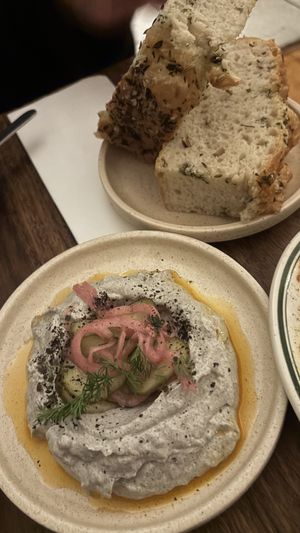 Burnt eggplant dip with focaccia   at Ballard's in Thornbury