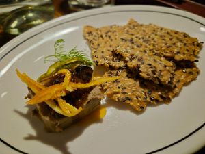 Mushroom parfait w/zucchini relish+sesame cracker $14: lovely pate texture tastes of truffle, delish seeded cracker (but oily), AMAZING candied citrus strips at Ballard's in Thornbury