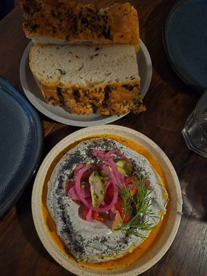 Burnt eggplant dip w/fresh focaccia, surprise pickles+smoked tomato oil $16: delish as always at Ballard's in Thornbury