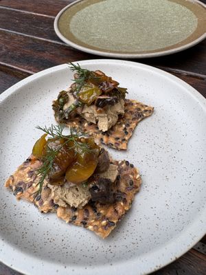 Pedro ximenez parfait crisps w cured mushrooms, relish seed cracker   at Ballard's in Thornbury