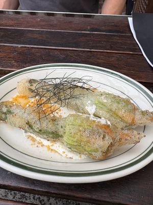 Crispy peperonata ricotta stuffed zucchini flower w sweet corn romesco  at Ballard's in Thornbury