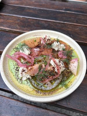 Heirloom tomato w ricotta, pickled turnip, almonds and tarragon cream   at Ballard's in Thornbury