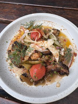 BBQ “octopus” salad w green wheat, pickled turnip lentil barigoule  at Ballard's in Thornbury