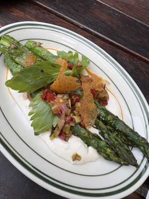 New season asparagus w lovage, almond cream and polenta crackling   at Ballard's in Thornbury