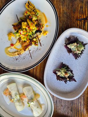 Potato+smoked haloumi skewer w/avo, roast corn, habanero; Kohlrabi skin dumpling w/palm heart, sake, salted plum; Smoked daikon w/pickled shitake, shuyo wine, shiso, leek. YUM at Ballard's in Thornbury