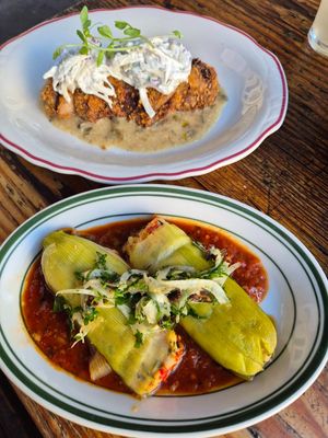 Leek cannelloni w/vine leaf ricotta, amatriciana, bacon bits: loved the ricotta, leek too stringy;Lions mane schnitzel w/parsley+lemon caper butter, celeriac remoulade at Ballard's in Thornbury