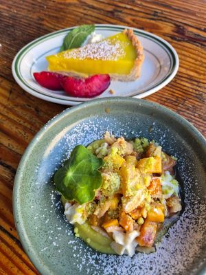 Roast peach +nasturtium trifle w/verjus jelly, vanilla custard, almond sponge, strawberry: delicious! amazing cream at Ballard's in Thornbury