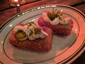 mac and cheese croquettes $14: delicious, loved the sweet gherkins on top at Ballard's in Thornbury
