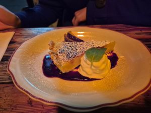 lime+lemongrass brulee tart w/blood plum coulis and cream $16: tasty at Ballard's in Thornbury