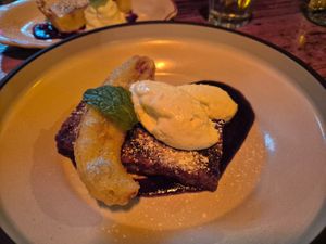 fried almond banana bread w/banana skin caramel fritter and mascarpone $16: OMG the best banana bread ive ever eaten, crispy outside at Ballard's in Thornbury