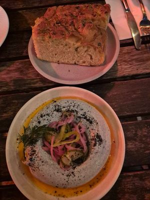 Focaccia w/smoked eggplant dip+pickled onion $17: amazing as always, esp as focaccia was freshly made, warm and soft inside, crispy edges, perfection at Ballard's in Thornbury