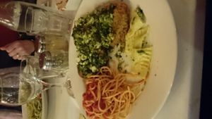 spaghetti, eggplant parm & ravioli.  at Bacio Italian Restaurante in Erdenheim