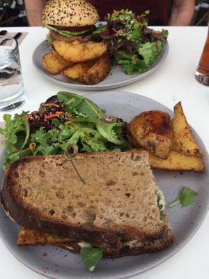 Tempeh sandwich and burger  at Hello 123 in Montreal