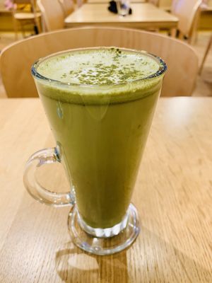 Matcha latte with coconut milk at Hello 123 in Montreal