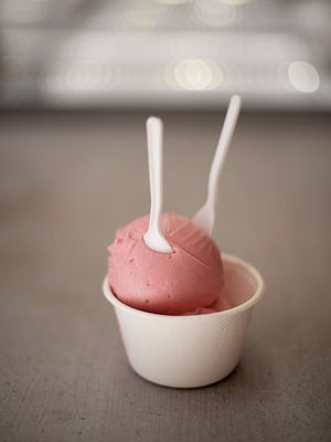 Two scoops of Vegan Raspberry. at Unframed Ice Cream in Cape Town
