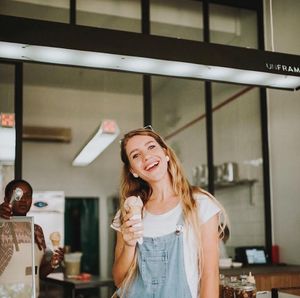 Pleased with her scoop! at Unframed Ice Cream in Cape Town