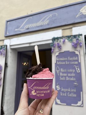 Chocolate & lavender + raspberry & mint  at Levendula Kezmuves Fagylaltozo in Budapest