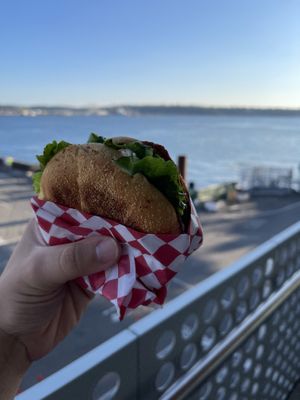 Chicken Sandwich with a view of the sound at Galaxy Rune in Seattle