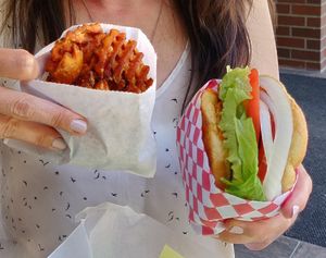 Bacon burger and crosscut sweet fries :) at Galaxy Rune in Seattle