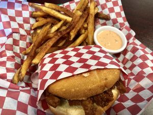 Pulled Pork sandwich (no slaw) plus fries at Galaxy Rune in Seattle