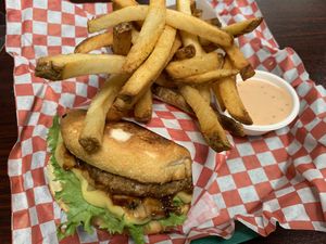 Delicious burger with mushrooms at Galaxy Rune in Seattle