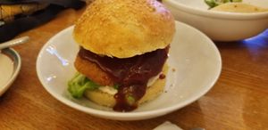 Chicken katsu burger at Foodhisattva in Cleveland Heights