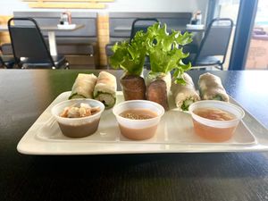 Roll sampler plate. Tofu, BBQ, and shredded tofu rolls   at Hoa Dang Vegetarian Restaurant in San Jose