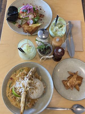 Thai Vegan Penang Curry & Avo on toast with mushrooms, tofu  at Birchwood Jindabyne in Jindabyne