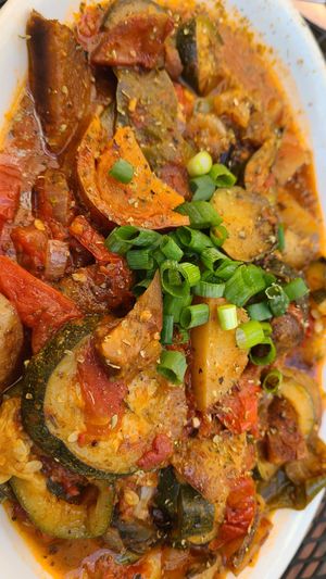 Briam zucchini veggie stew at Gaufres and Goods in St Augustine