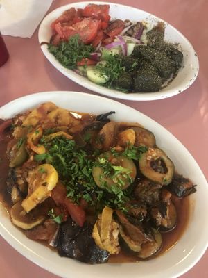 Grape leaves (ask no feta for vegan) and Briam (vegan) Greek roasted vegetable dish at Gaufres and Goods in St Augustine