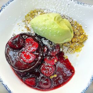Chocolate & Freah Cherry Lava Cake with Pistachio Ice Cream at Nic's on Beverly in Los Angeles