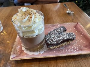 Dark Chocolate mousse & Pistachio biscotti  at Nic's on Beverly in Los Angeles