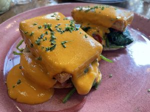 Tofu benedict with spinach. Didn’t realize it also had pickled onions and tomatoes in it  at Nic's on Beverly in Los Angeles